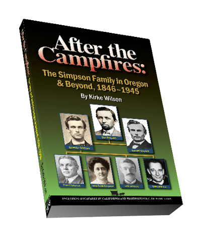 A book cover titled After the Campfires The Simpson Family in Oregon and Beyond 1846-1945 by Kirke Wilson features a family tree with seven portraits of people connected by lines. Description generated by AI
